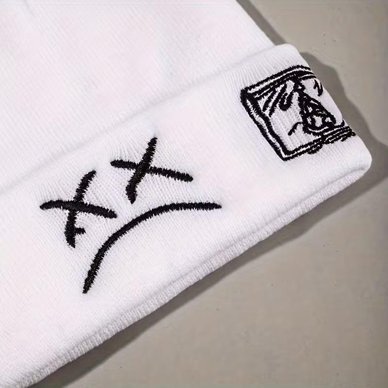 Unisex Stretch Warm Winter Skull Cap, Cold Weather Knit Beanie - color: White - Sad Face Embroidery