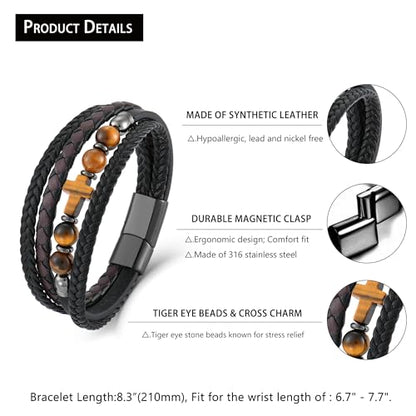 Men's Leather & Lapis/Onyx/Turquoise/Tiger Eye Cross Bracelet - Braided Christian Jewelry for Men, 8.3" & 9.1" Sizes - color: Tiger Eye, size: 8.3in(Fits most wrists; Recommend!)