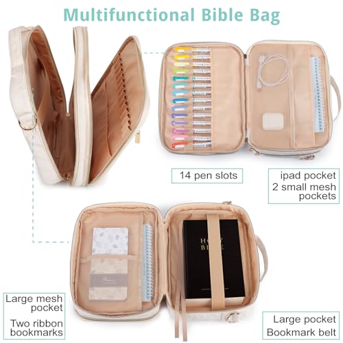 Large Bible Cover for Women,2 Compartments Bible Bag for Church - color: 2 Lays,Beige with Diamond jacquard strap