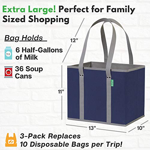 Reusable Grocery Bags (3 Pack) – Heavy Duty Shopping Bags, Blue - color: Navy Blue