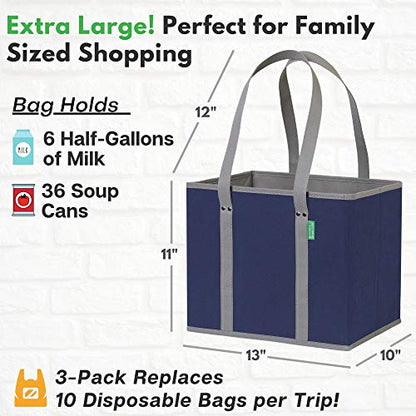 Reusable Grocery Bags (3 Pack) – Heavy Duty Shopping Bags, Blue - color: Navy Blue