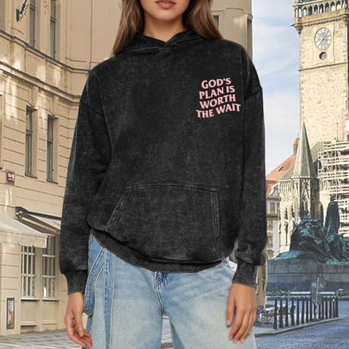 Christian Graphic Hoodies for Women God Bible Verse Oversized Hoodie Religious Letter Print Acid Wash Sweatshirts - color: Black, size: X-Large