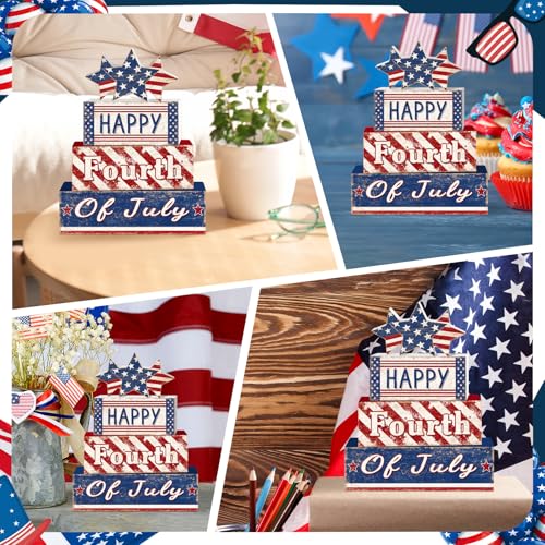 Britimes Tiered Tray Decor Set, 4 Pack, Wooden, Patriotic Independence - style: Happy 4th of July