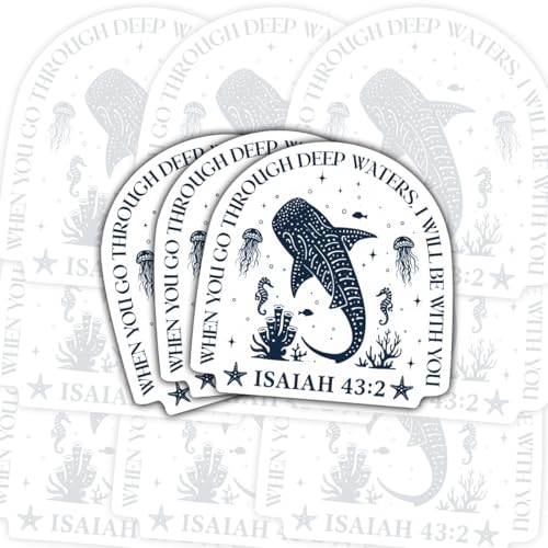 3 Pcs When You Go Through Deep Waters I Will Be with You Bible Verse Stickers, Isaiah 43:2 Christian Faith Ocean Whale Illustration Stickers Die-Cut Waterproof for Laptop, Water Bottle, Phone - size: 7 inch