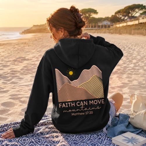 Christian Bible Verse Hoodie For Women Faith Can Move Mountains Sweatshirt Religious Sun And Mountain Graphic Hoodie - color: Black, size: Large