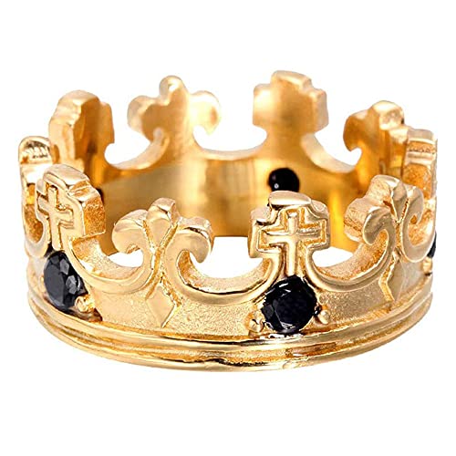 Mens Womens Stainless Steel Vintage Royal King Crown Ring Cross Band Ruby Black Gemstone - color: Gold, black cz