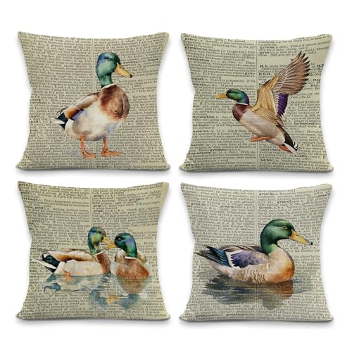 Vintage Mallard Duck Throw Pillow Covers, Duck Themed Gifts, Farmhouse Farm Animal Decorative Pillowcases Cushion Cases for Home Living Room Couch Decor, 18x18 Pillow Covers, Set of 4 - color: Animal_1