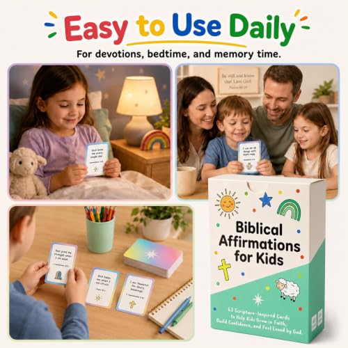 Biblical Affirmation Cards, 63 Scripture-Based Flash Cards Christian Encouragement & Positive Affirmations for Daily Faith, Back to School Gifts, Sunday School, VBS & Homeschool Supplies