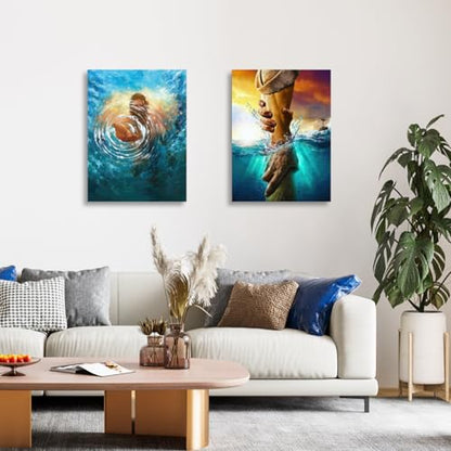 HLXRAE Christian The Hand of God Wall Art Set of 2, Wrapped Canvas 16x24 In - color: Ocean Blue, size: 24"L x 16"W