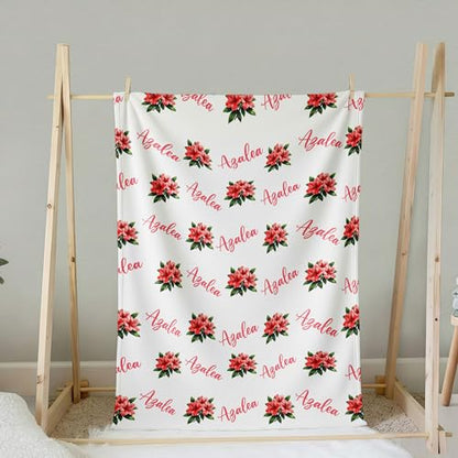 Personalized Floral Name Blanket, Custom Floral Name Design Azalea, Soft Nursery Throw, Newborn Birthday Baptism Christening Keepsake - color: #Ver8