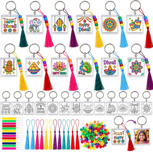 Cinrobiye 24 Sets Diwali Keychain Craft Kit, Make Your Own Photo Keychains, Color Your Own Deepavali Festival of Lights Keepsakes, Personalized Keychain Crafts for Diwali Party Favors - style: Diwali