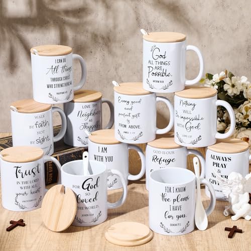 Didaey 12 Sets Christian Gifts Bulk Religious Coffee Mugs 12oz Bible Verses White Ceramic Cup with Lid Handle Spoon Inspirational Mug Church Gift for Men Coworker Employee Staff(Christian) - style: Christian