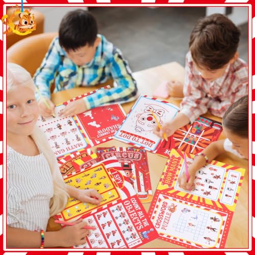 Kosiz 24 Pack Circus Activity Books for Kids Party Favors, 6.8 x 4.8 Inch Game Booklets with 8 Cover Styles, Double Sided Pages, Dot to Dot Crossword Games for Carnival Goodie Bags - style: Circus