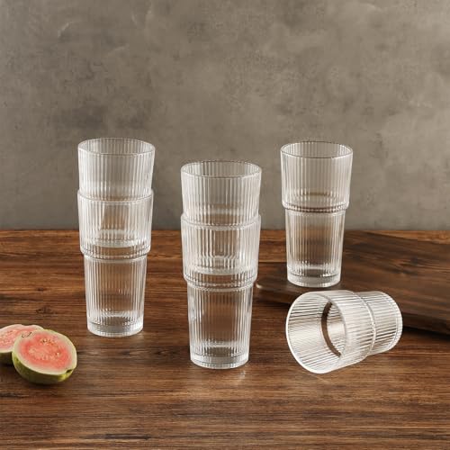 Ribbed Glass Tumbler Drinking Glasses with Lids & Straws, Leak-Proof 20oz and 15oz Glass Cups, 8PCS Glass Tumblers, Ideal for Home, Office, Outdoor Use - style: 8PCS-Clear