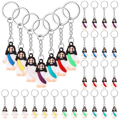 Sumind 24 Pcs Jesus Figurine Christian Keychain Religious Keychain Bulk Classic Christian Rings for Christ(White Skin Classic,Multicolor) - color: Multicolor, style: White Skin Classic