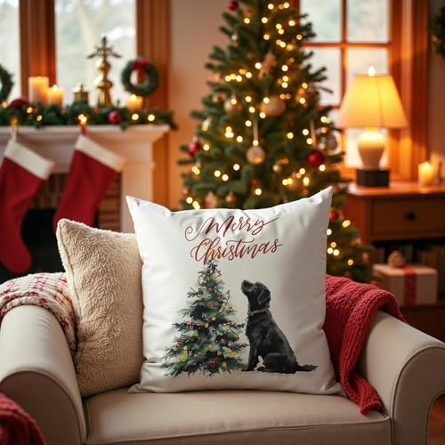 Christmas Tree Black Labrador Retriever Pillow Covers 18x18, Black Labrador Retriever Gifts, Christmas Tree Lab Throw Pillow Covers for Home Living Room Bedroom Sofa Couch - color: 01 Color