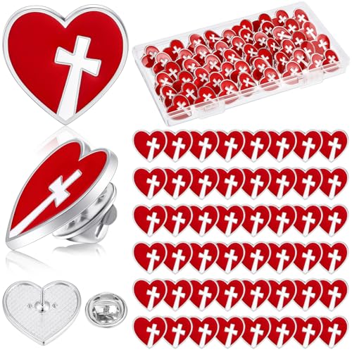 Juexica 50 Pcs Religious Sacred Heart of Jesus Pins Bulk Christian Favors Cross Enamel Lapel Brooch Red Heart Pins for Clergy Appreciation Gift Church Funeral Sunday School - style: Cross