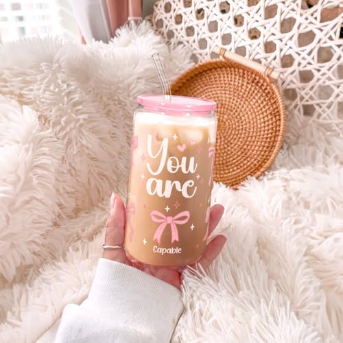 SANDJEST Christian 16oz Can Glass Tumbler with Acrylic Lid & Straw, Iced Coffee Cup for Women Girls, Aesthetic Cups Gifts for Birthday Christmas - color: Inspiration 5