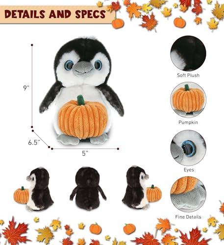 DolliBu Super Soft Grey Penguin Stuffed Animal with Pumpkin Toy - 9 Inches