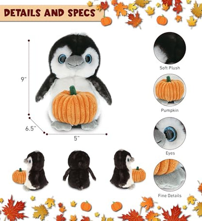 DolliBu Super Soft Grey Penguin Stuffed Animal with Pumpkin Toy - 9 Inches