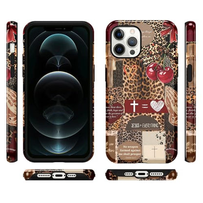 for iPhone 12 Pro Max 6.7'' Brown Cheetah Christian Phone Case - color: Red Cherry Leopard Collage, size: iPhone 12 Pro Max