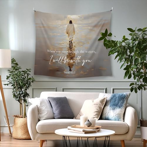 WAITPI Vintage Christian Jesus Pass through The Waters Hanging Wall Tapestry for Bedroom, Bible Verse I Will Be with You Tapestries, Rustic Wall Decor Tapestry for Prayer Room Church 50x60in - color: water, size: 60"L x 50"W