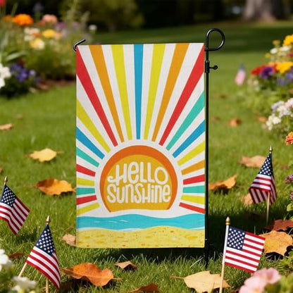 Hello Sunshine Summer Garden Flag Double Sided Burlap 12x18in - color: Orange Hello Sunshine