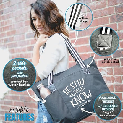 Brooke & Jess Designs Church Bags for Women - Bible Tote Bags for Women, Large Tote Bag for Womens with Zipper - color: Be Still and Know Tessa Black