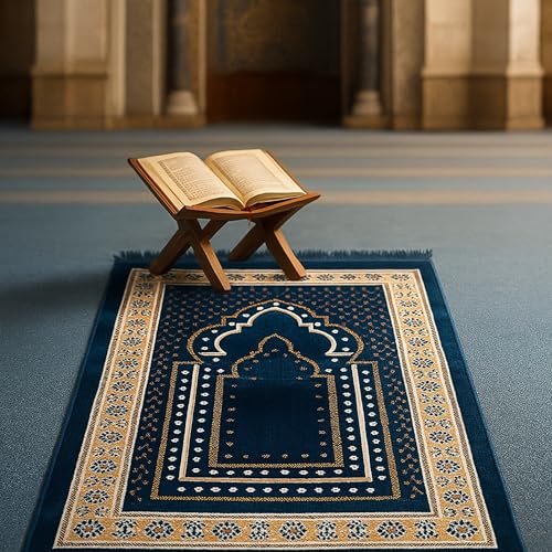 Turkish Muslim Prayer Rug, Mat with Beads for Men Women, Ramadan Hajj Gift (Blue) - color: Blue