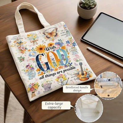 Canvas Tote Bags Reusable Shopping Bag for Women with Zippered Inner Pocket Magnetic Snap Closure - color: God