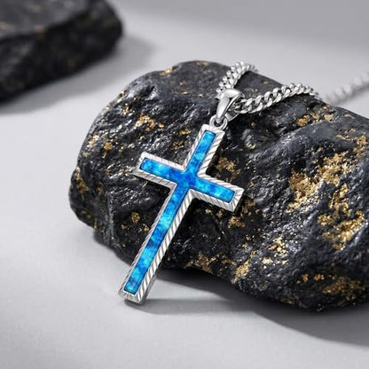 MRENITE Silver Natural Stone Cross Necklace, Classic Latin Cross Pendant Necklace for Unisex Women Man, Vintage Crystal Quartz Cross Necklace with 20+2 Inches Adjustable Cuban Chain - style: Blue Opal