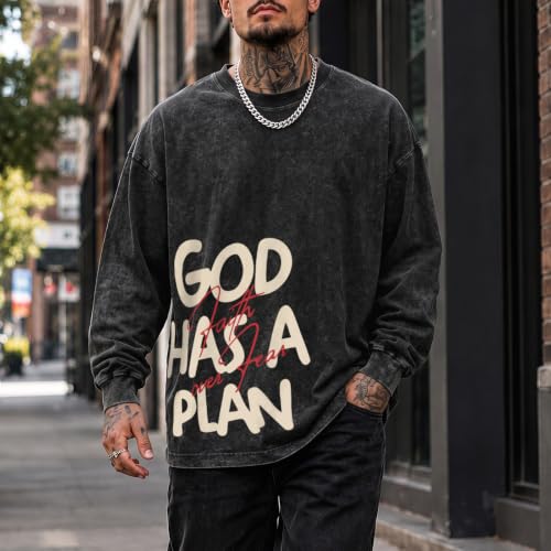 Mens Christian Long Sleeve Shirt Faith Over Fear God Jesus Faith Acid Wash T Shirt Religious Graphic Tee Vintage Top - color: Black, size: XX-Large