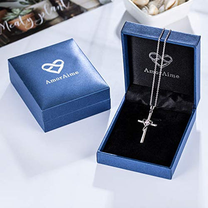 AmorAime 925 Sterling Silver Cross Necklace for Women Men 14K Gold Plated 5A CZ Birthstone Necklaces for Holiday - color: J.Pink-October-Tourmaline