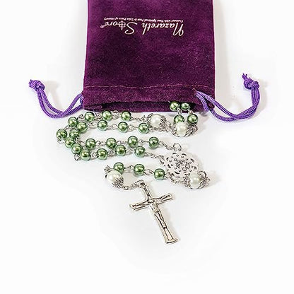 Nazareth Store Pearl Beads Rosary White Our Father Beaded Necklace Lourdes Medal & Cross Crucifix Spiritual Devotion - color: Green