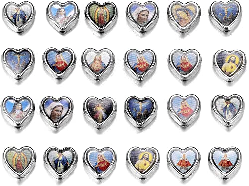 100pcs Heart Shape Our Lady Jesus Cross Saint Mary with Medal Rosary Beads DIY Necklace Bracelets Beads for making jewellery - color: Multicolor