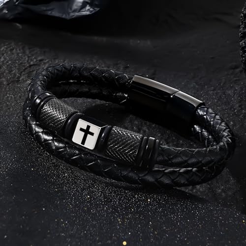 Leather Bracelet for Men, Viking & Christian Cross Jewelry Gift