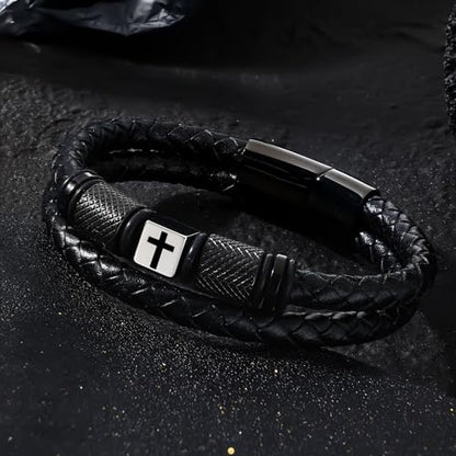 Leather Bracelet for Men, Viking & Christian Cross Jewelry Gift