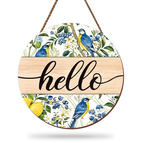 Whaline Spring Summer Wooden Hanging Sign Watercolor Floral Lemon Blue Bird Welcome Wood Sign Door Decor Signs for Indoor Outdoor Porch Wall - style: blue bird