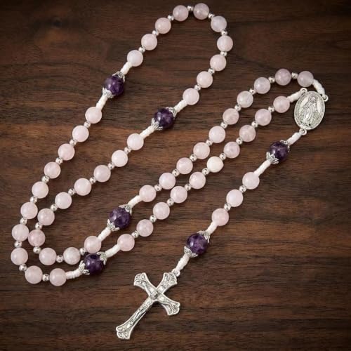 Nazareth Store 8mm White Jade & 10mm Natural Stone Beads Rosary Necklace St. Miraculous Medal & Cross Crucifix Catholic Prayer Beads Religious Jewelry - color: Amethyst