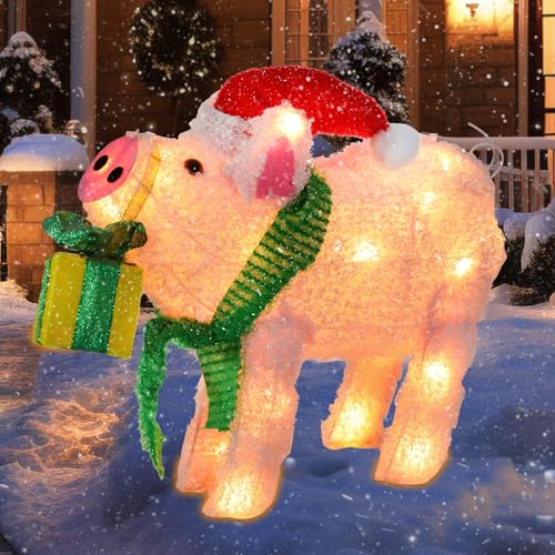 15" Lighted Christmas Pig, 3D Pre‑Lit Indoor Outdoor Decor - size: 34''*15.7''