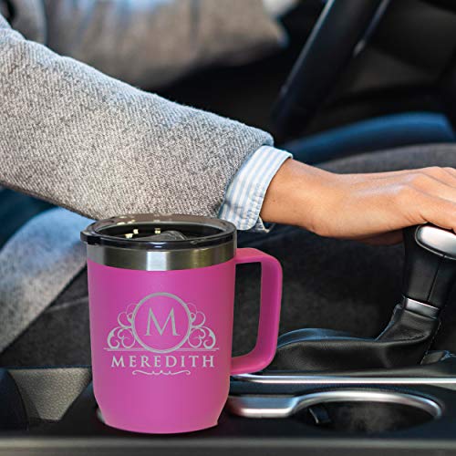 The Wedding Party Store Personalized 20 oz Stainless Steel Powder Coated Vacuum Insulated Double Walled Travel Tumbler Coffee Mug with Handle and Lid (Hot Pink) - color: Hot Pink