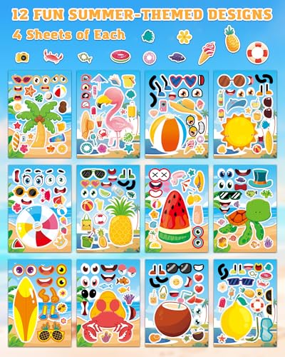 Aowplc 48 Summer Make-a-Face Sticker Sheets for Kids - style: Summer Vibe