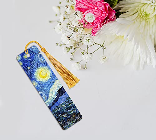 WIRESTER Set of 2 Metal Bookmarks with Light Gold Tassel for Students, Reader, Teachers, Book Lovers - The Starry Night Van Gogh, Cafe Terrace At Night Van Gogh - color: The Starry Night Van Gogh, Cafe Terrace at Night