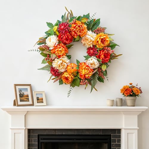 24 InchFall Wreaths for Front Door Autumn Wreath with Peony, Pumpkins - color: Orange1