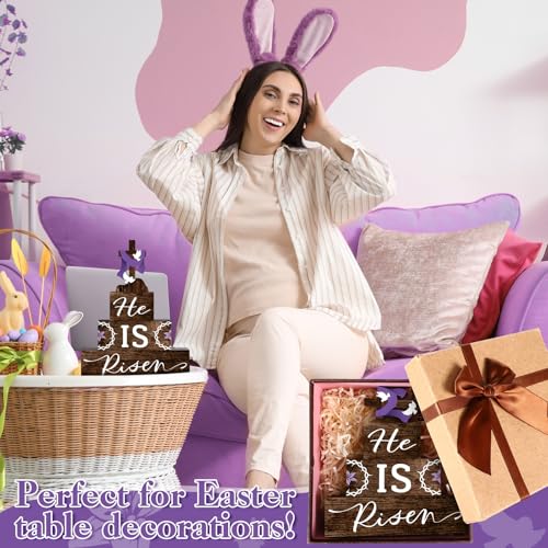 4 Pcs Easter Table Decorations He Is Risen Wooden Table Sign Religious Wood Centerpiece Easter Cross Blocks Farmhouse Tiered Tray Decor for Home Kitchen Shelf Decor (Religious) - style: Religious