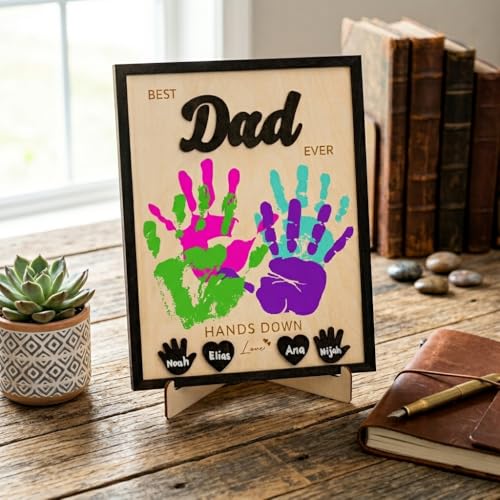 Personalized Fathers Day Crafts for Kids, Handmade Best Dad Ever Sign with Kids Handprint Art, Custom Ink Name, DIY Craft Kit for Father's Day, Meaningful Gift from Wife & Children, Unique Birthday Gift Idea for Dad - color: Dad Handprint