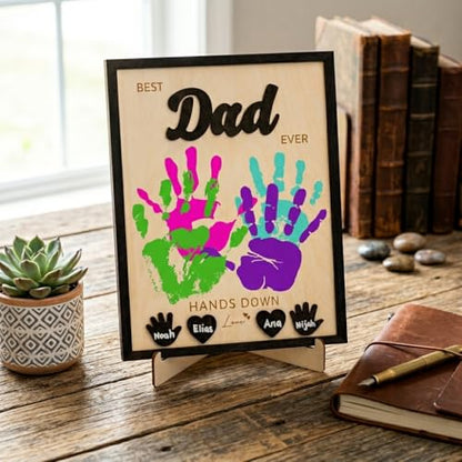 Personalized Fathers Day Crafts for Kids, Handmade Best Dad Ever Sign with Kids Handprint Art, Custom Ink Name, DIY Craft Kit for Father's Day, Meaningful Gift from Wife & Children, Unique Birthday Gift Idea for Dad - color: Dad Handprint