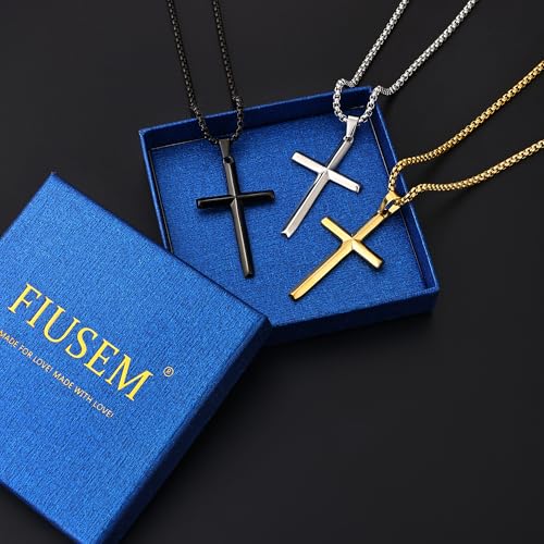 Fiusem Beveled Edge Cross Necklace for Men - size: 22 inches length, style: Silver cross: 1.6"*1.0"