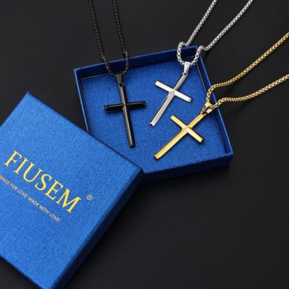 Fiusem Beveled Edge Cross Necklace for Men - size: 22 inches length, style: Silver cross: 1.6"*1.0"