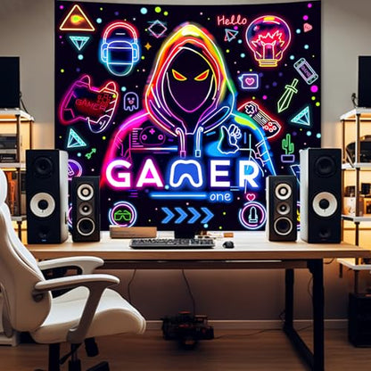 Apdidl Blacklight Gaming Wall Tapestry, Black Light UV Game Player Posters - color: Gamer Blacklight Tapestry, size: 60"L x 51"W